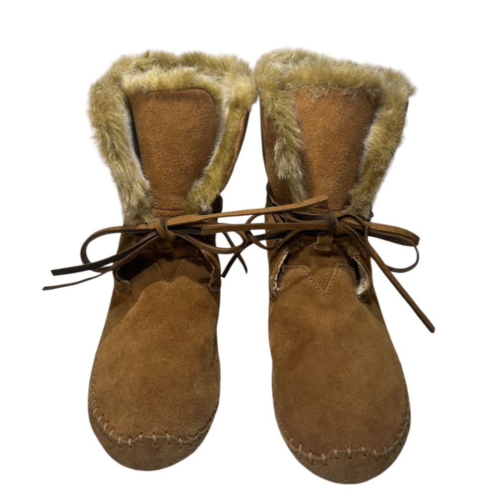 TOMS Nepal Chestnut Brown Suede Faux‎ Fur Trim Moccasin Boots Womens 8.5 710515